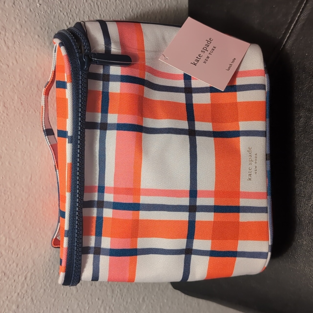 Kate Spade Spring Plaid Pattern Insulated Lunch Tote Orange White Blue